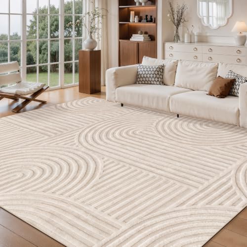 Large Beige Washable Area Rug 6x9 for Living Room High-Low Pile Textured