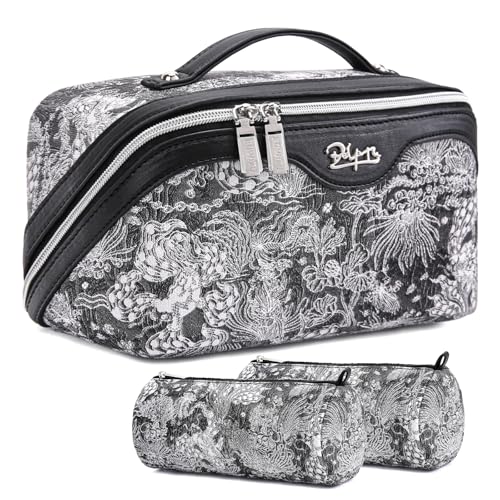 BOYATU Travel Makeup Bag for Women: Large Capacity Make up Bag with Compartments - Vegan Leather Cosmetic Bag set of 3 - Waterproof Toiletry Bag with Handle & Divider(E-2-Black)