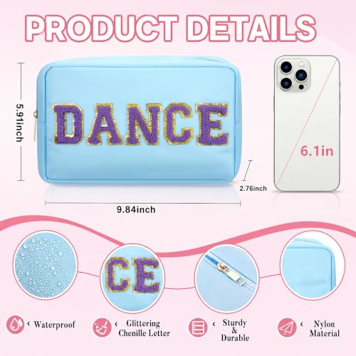 Pastel Dance Makeup Bags 6-Pack with Chenille Letter Patches, Waterproof Nylon Cosmetic Pouches