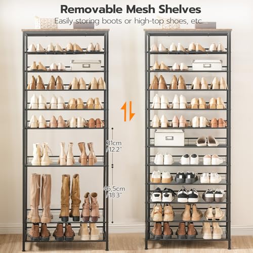 12-Tier Shoe Rack Organizer for Entryway - Large Capacity, Adjustable Mesh Shelves, Rustic Brown & Black