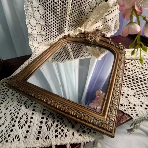 Large Bronze Vintage Vanity Wall Mirror with Ornate Carved Frame - 14.4 x 9.8 Inches