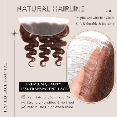 ALHER Chocolate Brown 14-Inch 13x4 HD Lace Frontal Closure Human Hair Body Wave, Pre-Plucked with Baby Hair