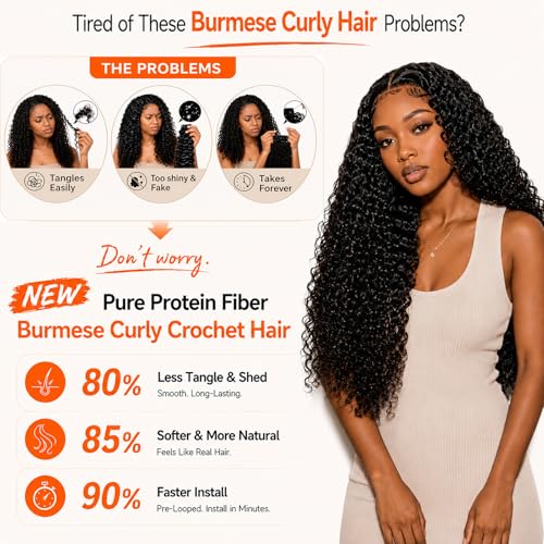 Pre-Looped Burmese Curly Crochet Hair 16 Inch - Natural Black 8 Packs