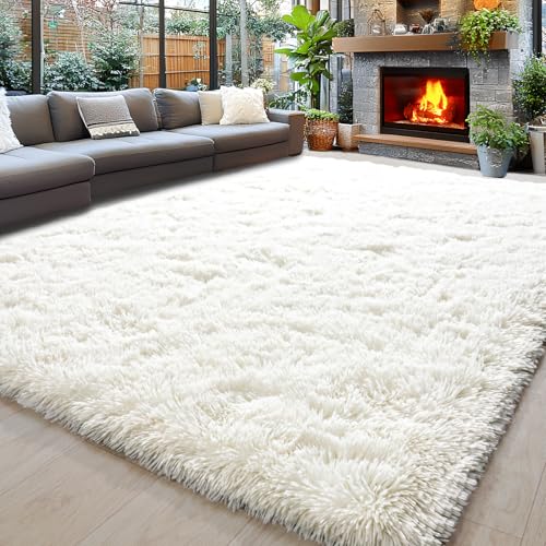 Cream White Fluffy Area Rug 9x12 ft for Living Room & Bedroom - Super Soft Shag with Non-Slip Base