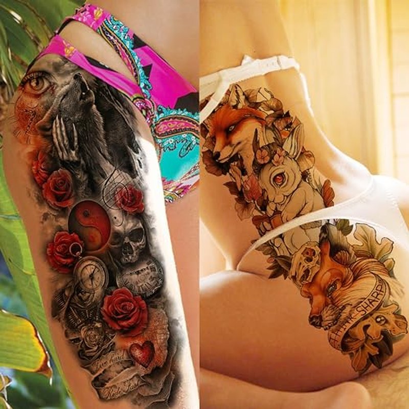 18 Sheets Large Full Arm Temporary Tattoos For Adults, 8 Sheets Peocock Lion Wolf Tiger Compass Flower Fake Sleeve Tattoos For Women Thigh, 10 Sheets Watercolor Rose Half Arm Tatoos Stickers