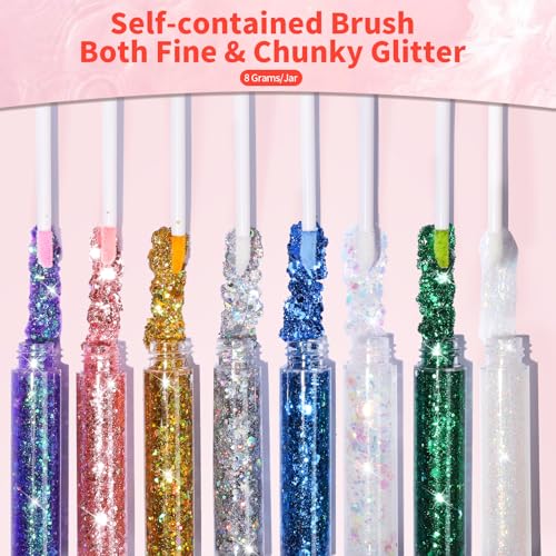 FANDAMEI Body Glitter Kit - 8 Colors 8 ml/Jar for Glitter Makeup, Face Hair Glitter for Kids&Women, Halloween Mermaid Rave, Hair Sparkles