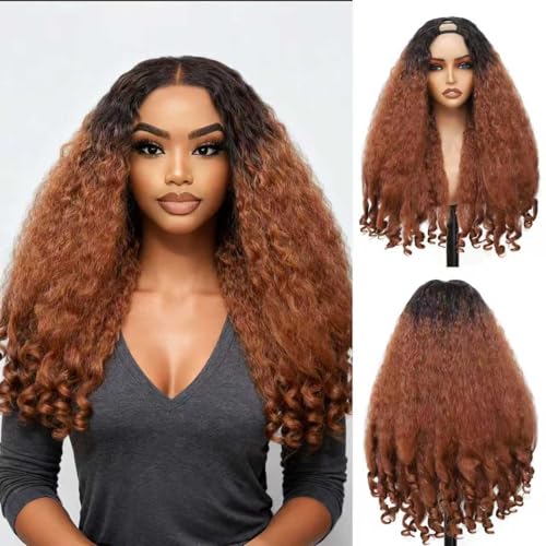 MAHKOTAKU Afro Curly V Part Wig 24 Inch Dark Roots Reddish Brown for Black Women