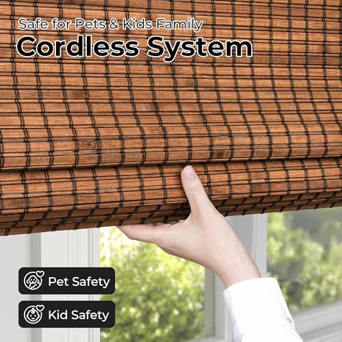 UNISHADES Blackout Cordless Bamboo Roman Shades 34 3/4×64 in Penang Teak