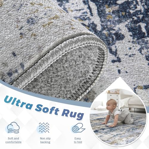 Pmtsns Large Washable Area Rug 8x10 Modern Abstract Neutral Blue Grey Brown Non-Slip Low-Pile for Living Room Bedroom Home Office