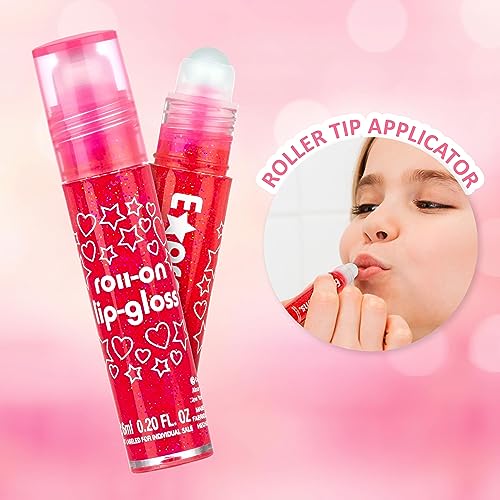 EXPRESSIONS 8pc Roller-Ball Glitter Lip Gloss Set, 8 Assorted Fruit Flavored Roll On Rollerball Lip Gloss for Kids, Safe, Non Toxic Kids Makeup Set