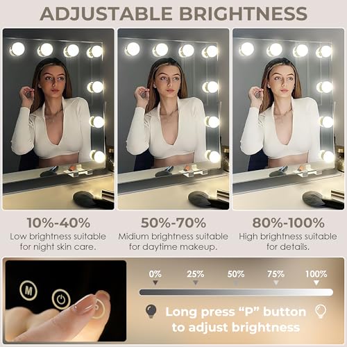 Vanity Mirror with Lights, Hollywood Lighted Makeup Mirror with 12 Dimmable LED Bulbs for Dressing Room & Bedroom, 3 Light Modes£¬Slim Metal Frame Design, AC-Powered, White