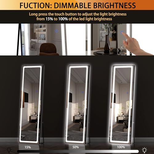 Full Length LED Floor Mirror with Lights - 56 x 16 Inches, Black, Dimmable & Wall Mountable