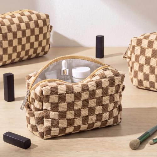 Gilprop 12 Pcs Checkered Makeup Bags Small Cosmetic Pouches Brown Set
