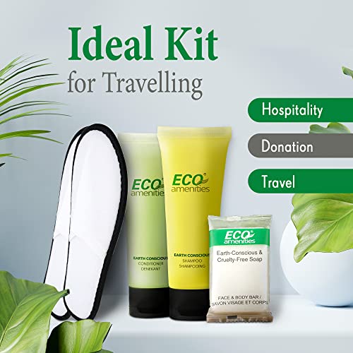 ECO amenities 140-Piece Bulk Hotel Toiletries Set - TSA-Approved Travel Shampoo & Conditioner - 14 g Bar Soap Bulk - 40 1 fl oz Shampoo & Conditioner, 20 Slipper Pairs