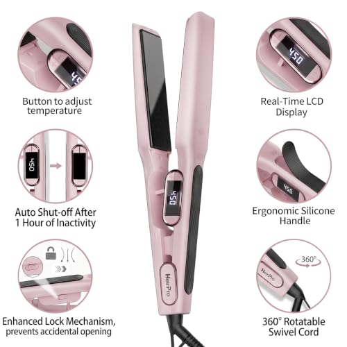 HeirPro 1.5 Inch Wide Ceramic Hair Straightener for Thick Hair - Pink