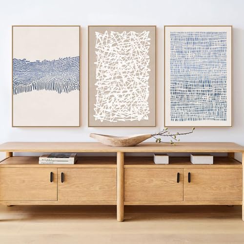 Blue and Neutral Mid-Century Boho Wall Art Set - 3 Panels 16x24 Framed