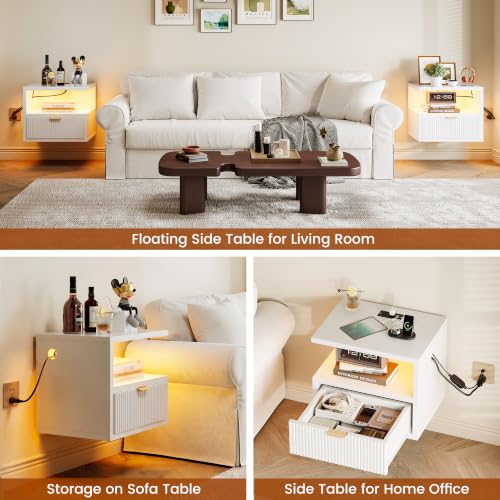 Homeiju Floating Nightstand with Charging Station & RGB LED Lights, Wall-Mounted Bedside Table with Drawer