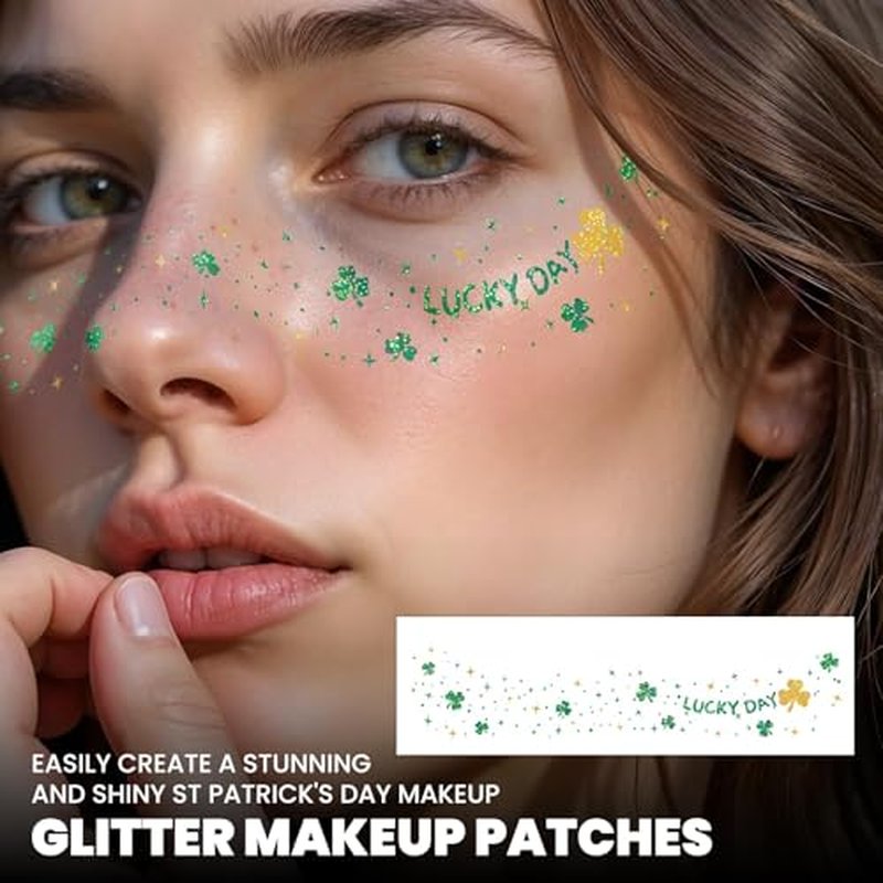 EMOME St Patrick Day Accessories, St Patrick's Day Glitter Shamrock Face Tattoo with Green Face Gems and Faux Freckles, Saint Patrick's Day Makeup Art Decorations Gift for Women