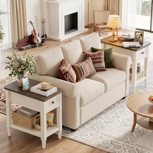 Narrow Rustic White Side Table with Charging Station - Cracked Oak Variation, 14" Wide