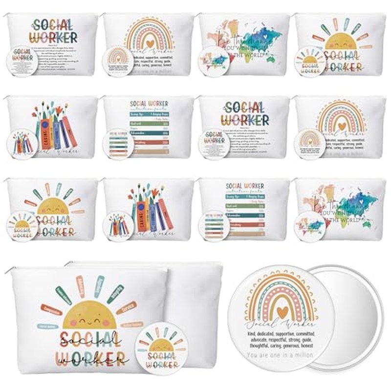 24 Sets Social Worker Gifts Bulk for Women Canvas Cosmetic Bags Makeup Bags and Compact Mirrors Social Worker Appreciation Gifts for MSW LCSW Home Office Decoration