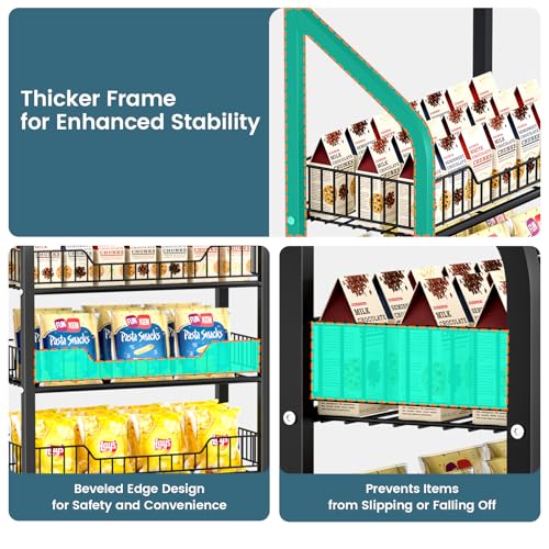 50cm Black Metal Snack Display Rack with Hooks & Wheels - 5 Tiers for Retail & Home Use