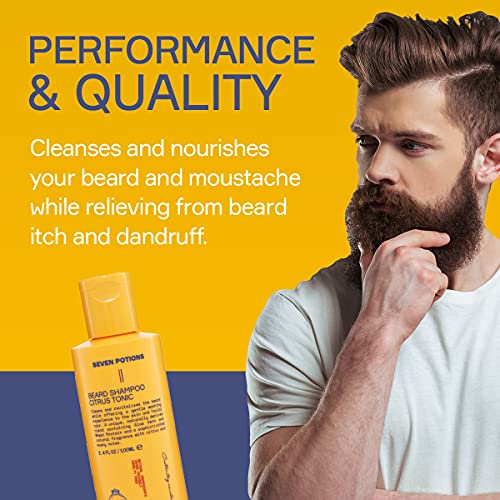 SEVEN POTIONS Beard Shampoo for Men - Gentle Cleansing Wash for a Fresh, Itch-Free Beard - Natural, Vegan Formula (Citrus Tonic, 3.4 Fl Oz)