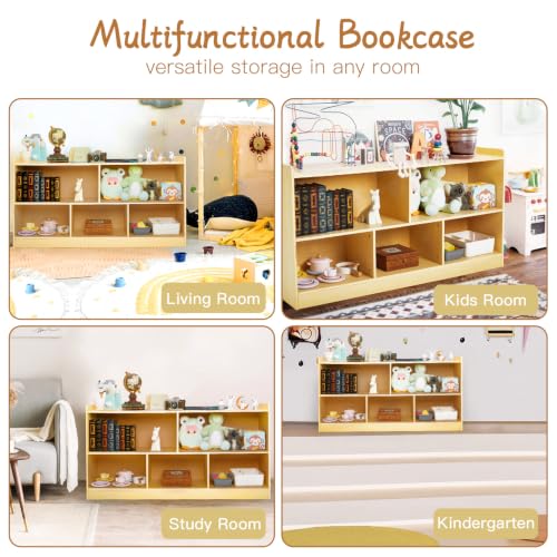 Wooden Montessori Shelf for Kids - Toddler Bookcase & Toy Storage Organizer, Natural Finish, 5-Section Kids Room Storage