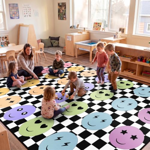 Large Classroom Rug with Smile Face Design - Black & White Variation