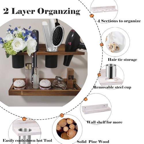 Wall-Mounted Hair Tool Organizer with Heat Resistance - Set of 2 Layer Rustic Blow Dryer Holder (Dark Brown)