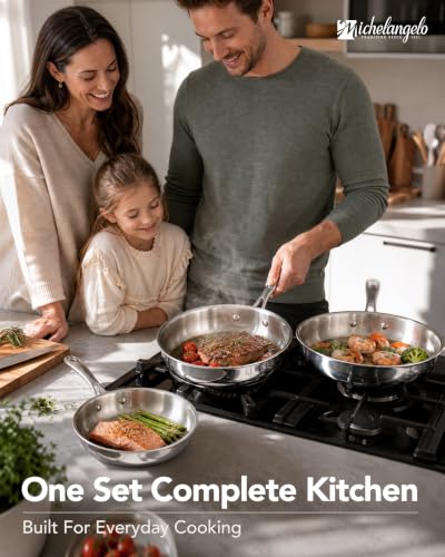 Michelangelo 3-Pack Tri-Ply Stainless Steel Frying Pan Set 8/9.5/11 Inch - Fully Clad, Oven Safe, No Coating