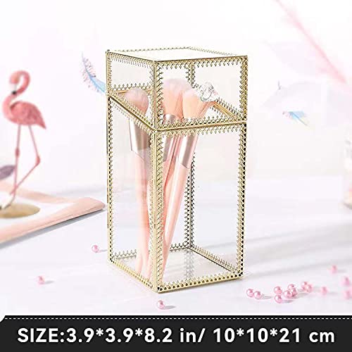 Glass Makeup Brush Holder with Lid Organizer Vintage Cosmetic Hexagonal Display Cases Brush Storage with Free White Pearls - Gold