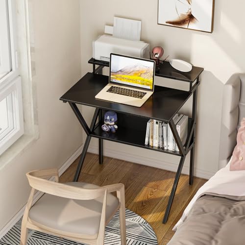 ODK 27.5 Inch Small Desk with Storage & Monitor Stand Black - Compact Home Office