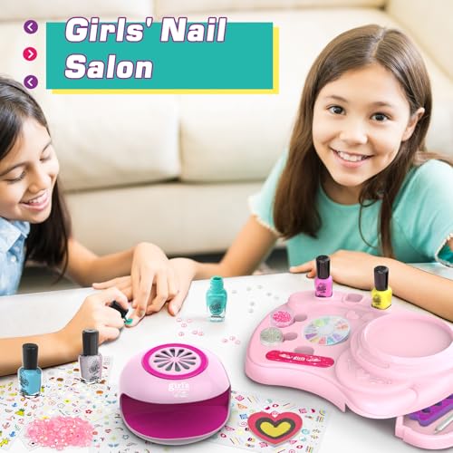Amagoing Nail Polish Set for Girls Ages 7-12, Kids Nail Art Studio Kit, Non Toxic Quick Dry Nail Polish, Nail Dryer, Storage Desk, Glitter, Cool Girls Stuff, Birthday Gifts Ideas 8 9 10 11 Years Old