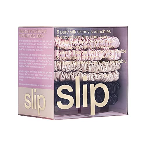 slip Skinny Scrunchies Multi | Set of 6 Pure Silk Skinny Scrunchies | Includes 2 Pink, 2 Caramel, 2 Black | 100% Mulberry Silk, Anti-Crease, Gentle on Hair, Reduces Breakage | Stylish & Durable