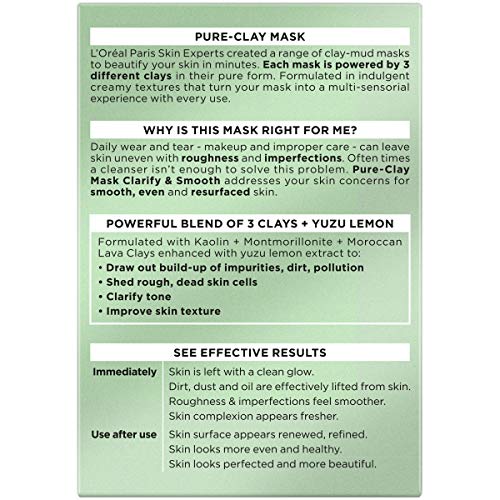 L'Oreal Paris Skincare Pure Clay Face Mask with Yuzu Lemon for Rough Skin to Clarify & Smooth, Clay Mask, at home face mask, 1.7 oz.