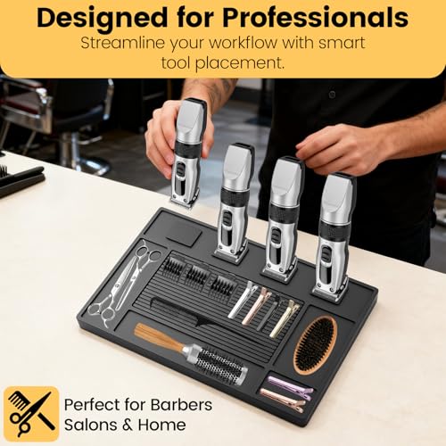 Magnetic Barber Tool Organizer Mat for Clippers & Trimmers - Silicone 4-Slot Station
