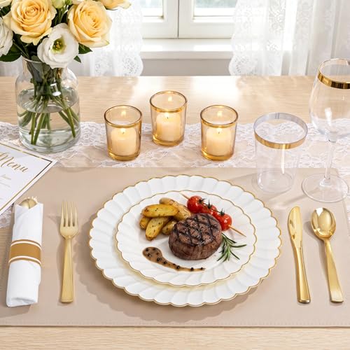 Ivory Scalloped Plastic Dinner Plates Set for Weddings - 350PCS