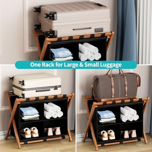 Walnut Bamboo Luggage Rack 2 Pack with 4 Storage Compartments, Foldable Suitcase Stand