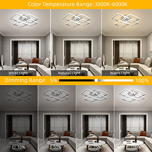 Dimmable Modern LED Ceiling Light with 4 Square Rings - Chrome Finish, 48W, Remote Control
