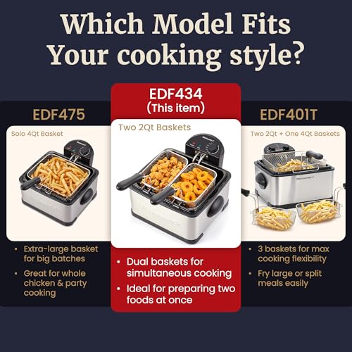 Elite Gourmet 4.5Qt Deep Fryer with Dual 2Qt Stainless Steel & Black Baskets - Split Tank