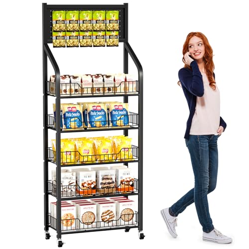 60cm Black 5-Tier Snack Display Rack with Hooks & Wheels - Retail & Home Organizer