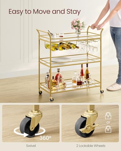 VASAGLE Gold Bar Cart with Mirrored Glass Shelves, 3-Tier Large Serving & Wine Storage