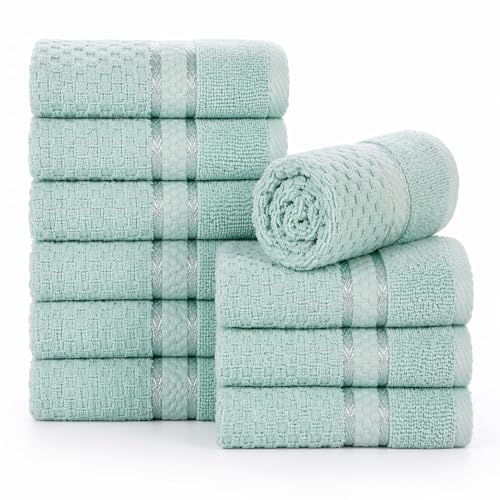 Mint Green Cotton Washcloths Set of 10 - Soft, Absorbent, Popcorn Textured 12x12 Inches