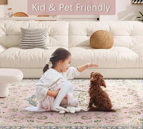 8x10 Pink Persian Style Washable Rug - Vintage Floral Living Room Carpet, Non-Slip, Soft Faux Wool