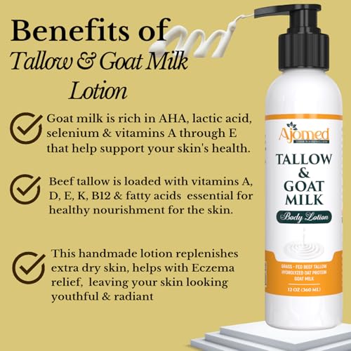 Handmade Organic Oatmeal & Honey Tallow & Goat Milk Body Lotion - Sensitive Skin, 8 OZ