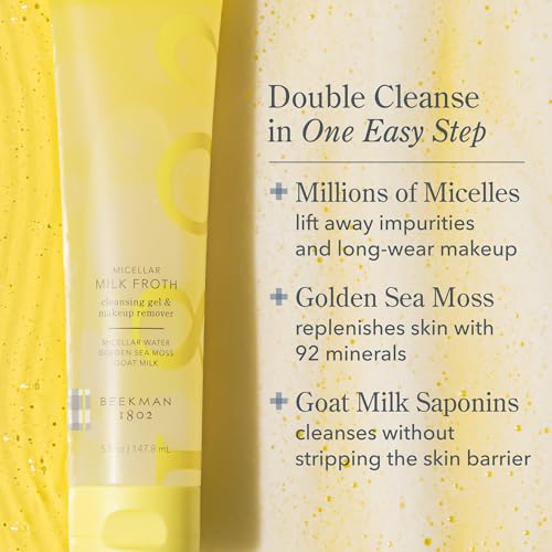 Beekman 1802 Micellar Milk Froth Face Wash ? Hydrating Gel to Foam Facial Cleanser & Makeup Remover with Goat Milk & Golden Sea Moss, Gentle Foaming Face Wash for Sensitive Skin, 5 Fl Oz