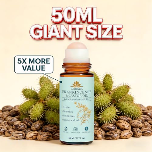 Organic Castor Oil & Frankincense Roll-On with Rose Quartz Eye Roller 1.7 Fl Oz
