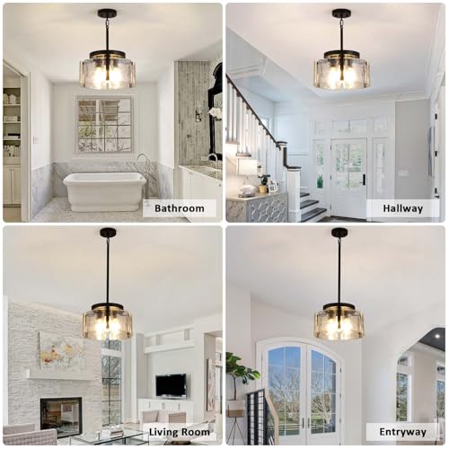 3 Light Black Modern Farmhouse Chandelier Pendant for Dining Room, Adjustable Glass Shade