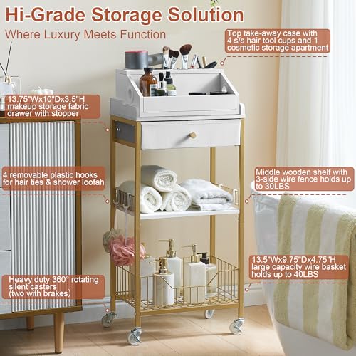 Makeup Organizer Cart with Detachable Hair Tool Holder - Gold, 15-Inch Wide