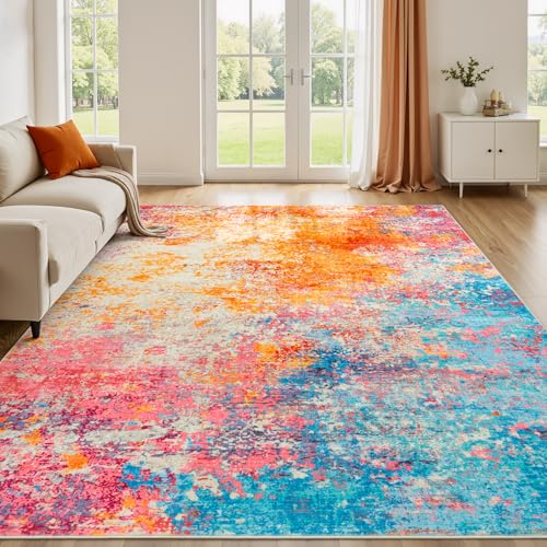Rainbow Washable Area Rug 8x10 - Soft, Non-Slip Living Room Carpet - Colorful Abstract Design - Kid & Pet Friendly